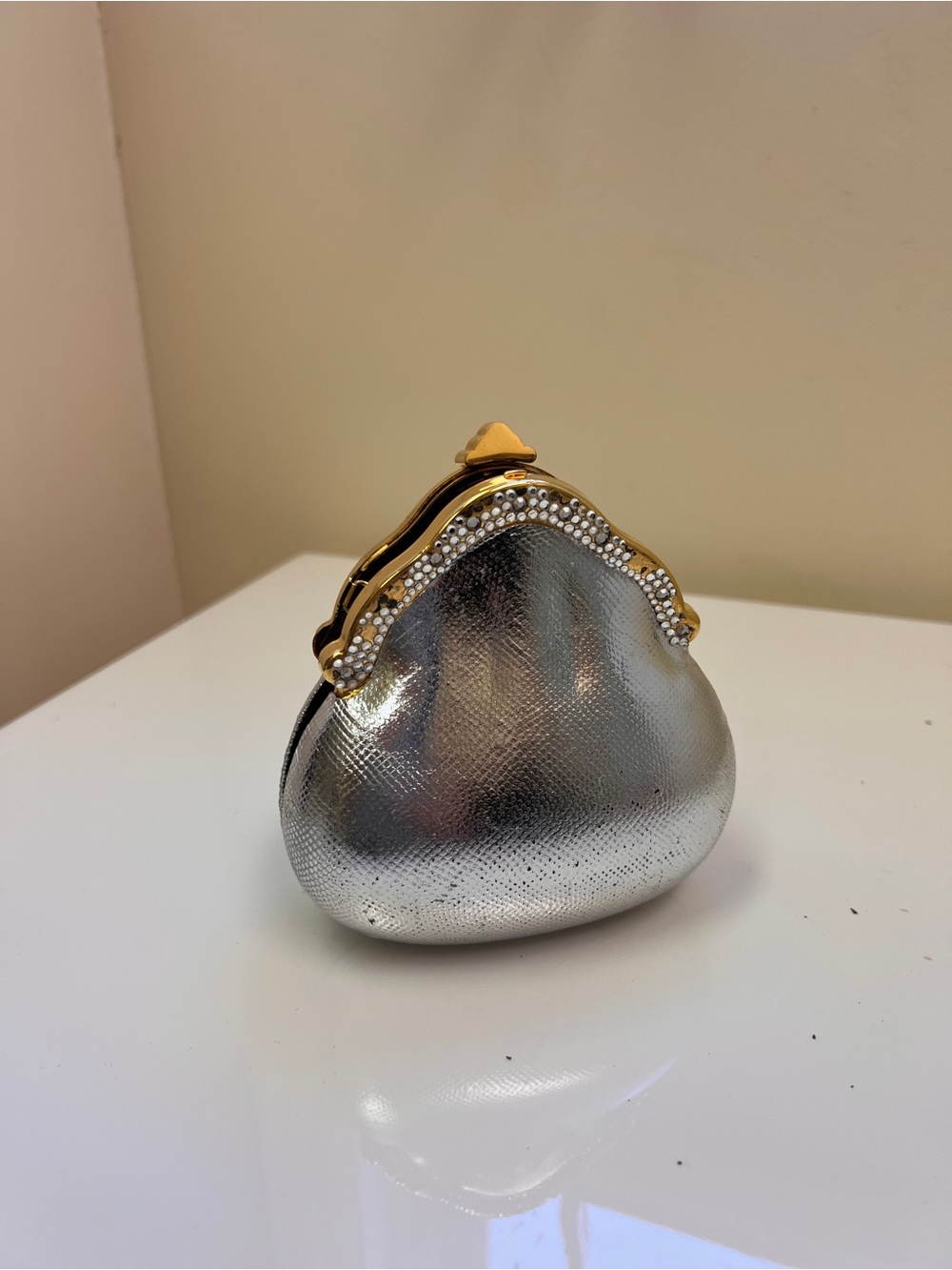 Silver Evening Clutch with Gold Rhinestone Frame